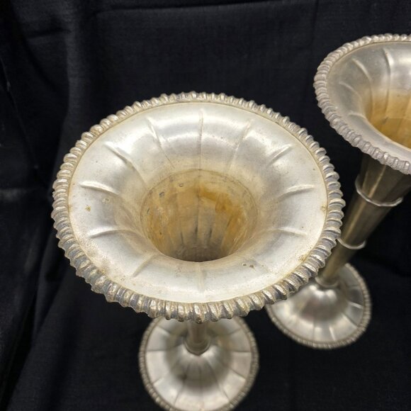 Pair Vintage Silver Plated Brass Trumpet Tulip Vases 15” India Boho Hollywood - Picture 3 of 10